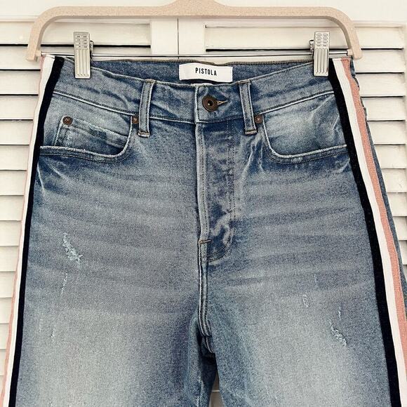 Pistola Nico Half Court Metallic Side Stripe Distressed Mom Jeans Blue Womens 27 - Picture 8 of 8